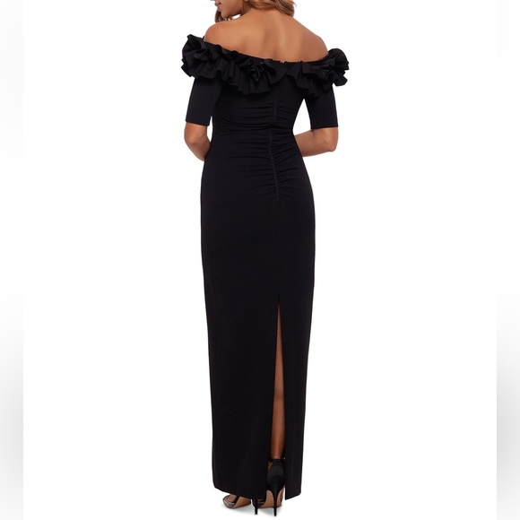 Xscape Black Ruffled Off The Shoulder Maxi Evening Gown NWT - Reemoly - Picture 2 of 16